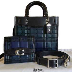 COACH Rogue 20 & Wallet Set Heritage Raised Green & Blue Plaid Print 2023 Rare